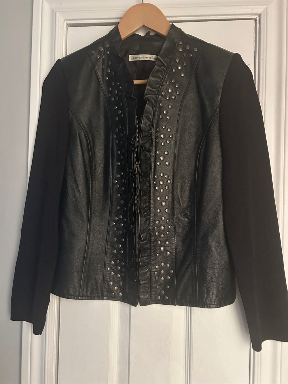 Peter Nygard Women's Black Leather Studded Ruffle Zip Jacket Knit Sleeve